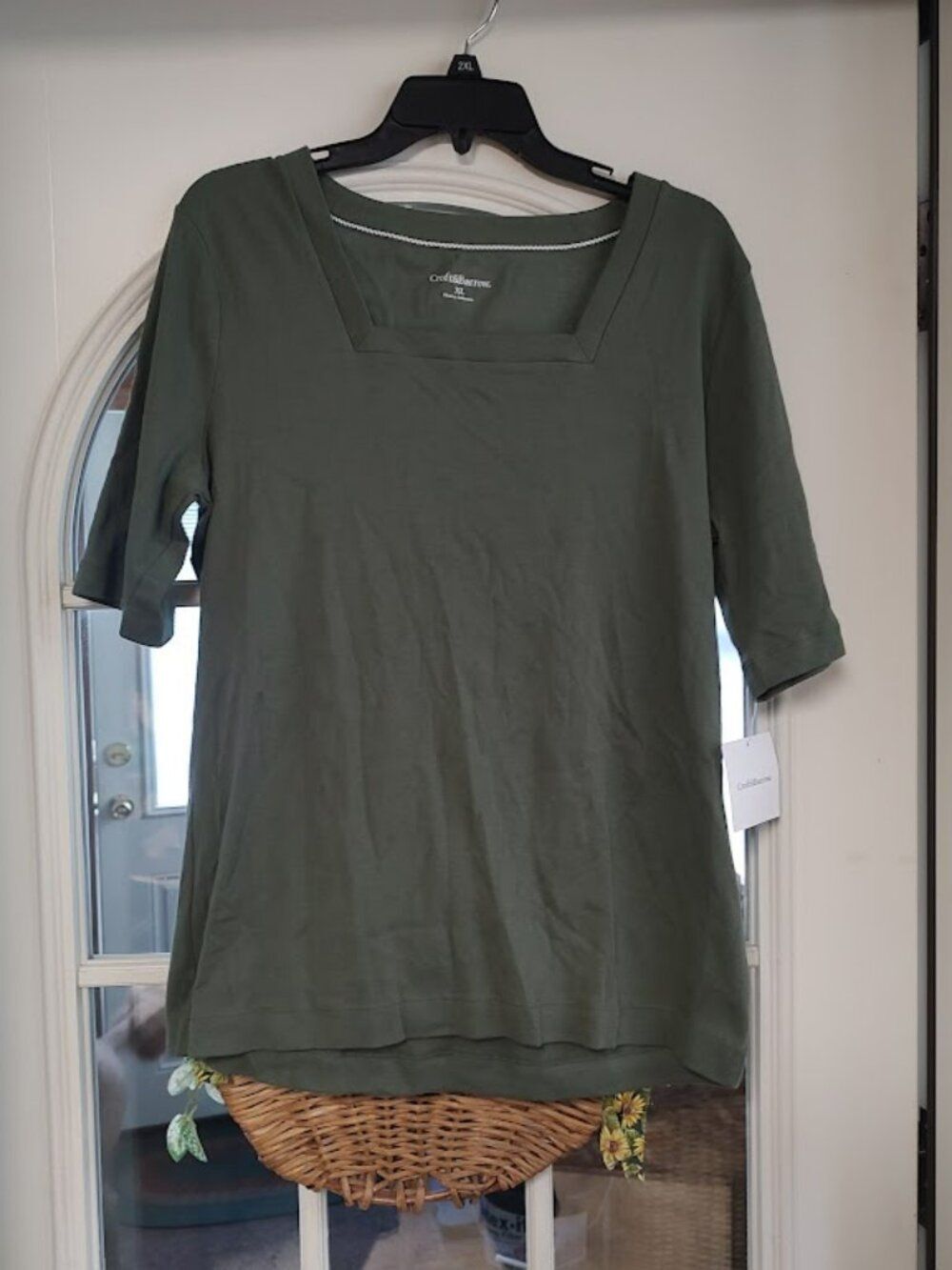 New Croft & Barrow Maher Olive Green Square Neck 3/4 Sleeve Top Size Women's XL